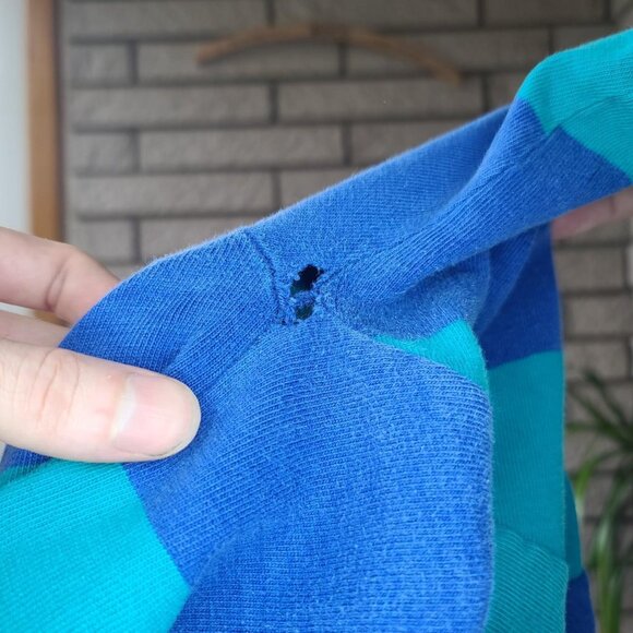 Vintage 80s 'Le Tigre' navy/turquoise striped long-sleeve rugby shirt men's XL - Picture 3 of 4